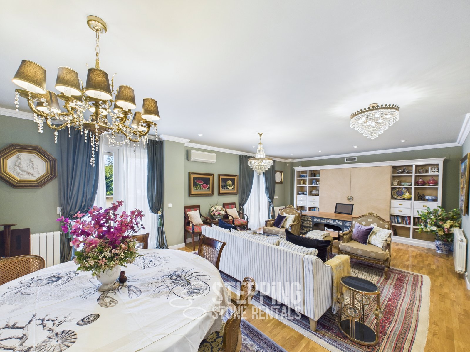 Study area with desk, and seating